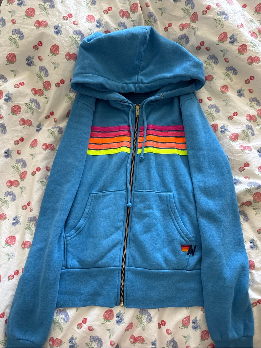 Aviator Nation Blue Zip Hoodie with Neon Rainbow Stripes